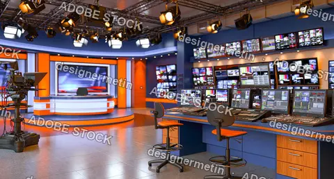 Modern Television News Studio With Control Desks, Monitors And Broadcast Camera