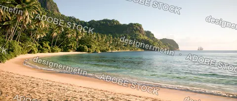 Secluded Tropical Beach With Palm Forest, Clear Water And Distant Sailboat