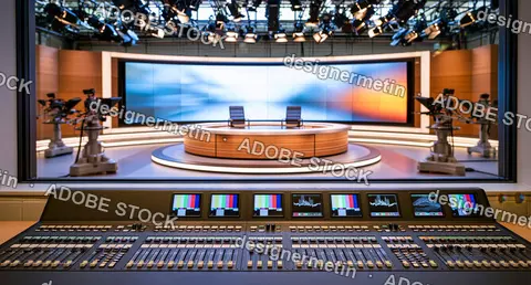 Broadcast Control Console Overlooking Empty Television News Studio With Cameras