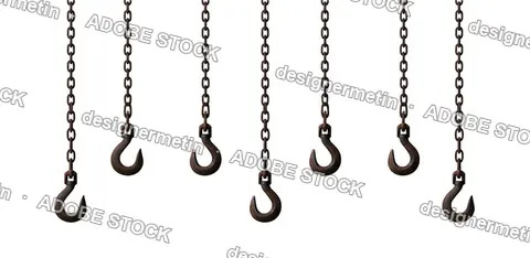 Rusty Industrial Metal Chains With Hooks Hanging Down, Isolated On Transparent Background, Png