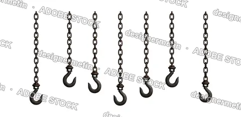 Set Of Heavy Rusty Metal Industrial Chains With Hooks Hanging Vertically, Isolated On Transparent Background, Png