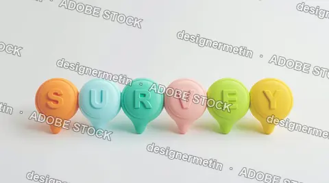 Colorful 3D Survey Location Pins Spelling Survey In A Row With Copy Space On White Background