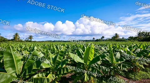 Sunlit Banana Plantation With Dense Green Leaves, Palm Trees And Large White Clouds Under Blue Sky