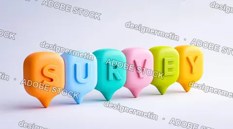 Colorful 3D Speech Bubbles Spelling Survey In A Row With Generous Copy Space On White Background