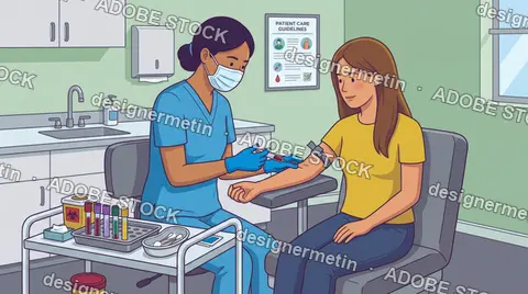 Medical Professional Collecting Blood Sample From Woman In Clinical Illustration