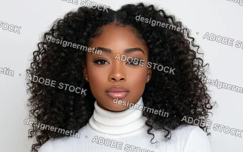 Black Woman With Voluminous Natural Curly Hair And Glam Makeup On White Background