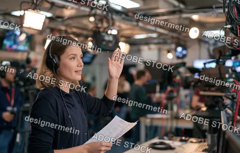 Female Studio Floor Manager Holding Script And Signaling To Camera Crew