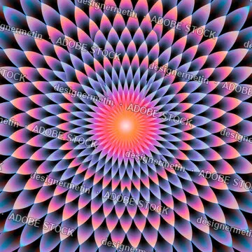 Psychedelic Optical Illusion Radial Mandala With Layered Pink And Blue Petals On Black Background