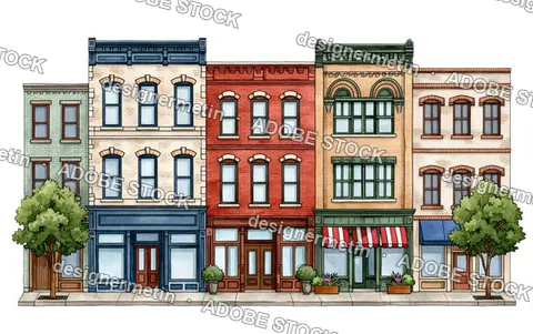 Vintage Watercolor Storefronts And Colorful Urban Buildings On A Sidewalk, Isolated On Transparent Background, Png