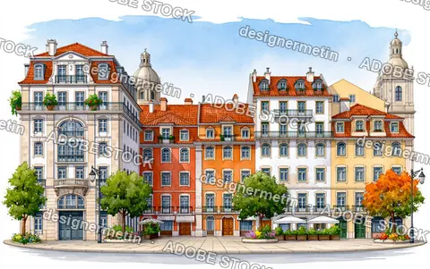 Colorful European City Buildings In Watercolor Style Standing On An Urban Plaza