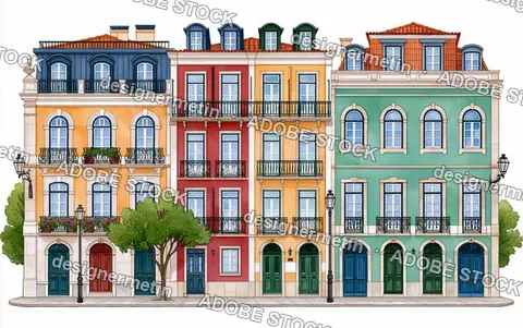 Colorful Traditional Apartment Buildings With Balconies Standing On A Sunny City Street