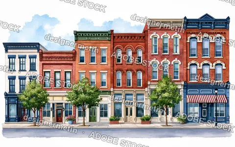 Watercolor Illustration Of Historic Colorful Storefront Buildings On A City Street