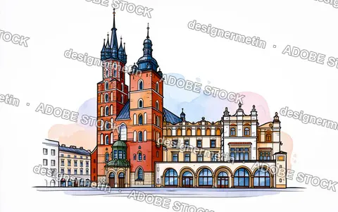 Hand Drawn Illustration Of Saint Mary'S Basilica And Cloth Hall In Krakow Poland Square