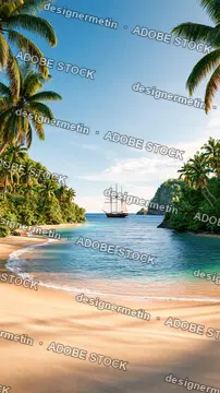 Majestic Wooden Ship Sailing Near A Secluded Tropical Island Beach With Palm Trees