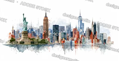New York Watercolor Illustration With Statue Of Liberty On White Background