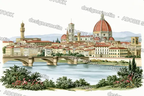 Florence Watercolor Illustration With Cathedral Dome And Bridge On White Background