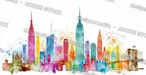 New York Watercolor Illustration With Colorful Landmarks On White Background
