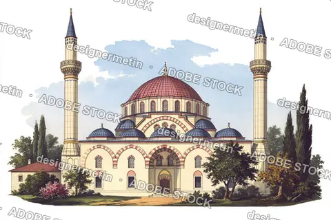 Ottoman Mosque Watercolor Illustration With Twin Minarets On White Background