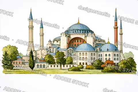 Hagia Sophia Watercolor Illustration With Domes And Minarets On White Background