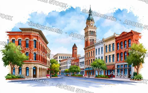 Watercolor Historic Downtown Street With Brick Buildings And Clock Tower