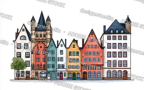 Stylized Cologne Old Town Architecture With Colorful Houses On White Background