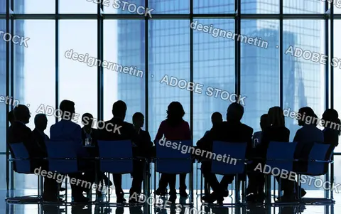 Corporate Board Meeting Silhouettes In Modern Glass Office With City View