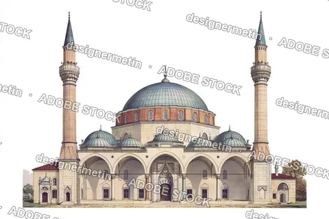 Classic Ottoman Mosque Illustration With Two Minarets And Central Dome On White Background