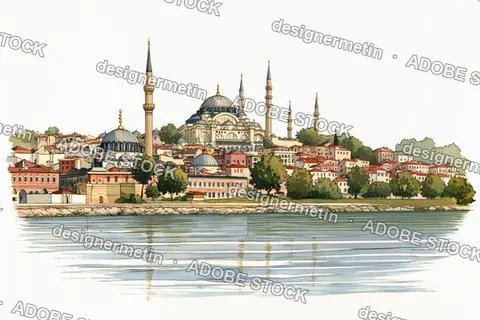 Beautiful Watercolor Illustration Of Istanbul Mosque And Skyline Reflecting On Water