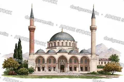 Watercolor Illustration Of An Ottoman Mosque With Minarets And Domes Near Mountains