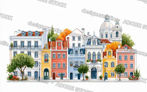 Watercolor Illustration Of Colorful European City Buildings And Church On White Background