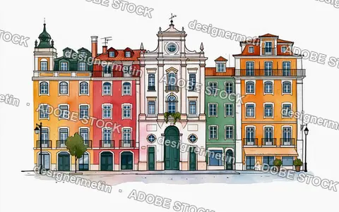 Colorful Lisbon Style Buildings Watercolor Illustration Isolated On White Background