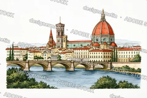 Hand-Drawn Sketch Of Florence City Skyline With Duomo And Bridge Over Arno River
