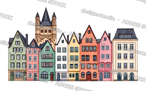 Colorful Cologne Houses And Cathedral Tower Isolated On White Background
