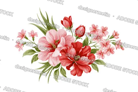 Watercolor Bouquet Of Pink And Red Flowers With Green Leaves, Isolated On Transparent Background, Png
