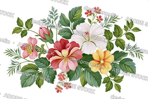 Vintage Watercolor Floral Bouquet With Hibiscus And Roses, Isolated On Transparent Background, Png