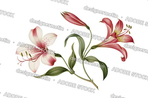 Vintage Pink Lily Flower Branch With Blooming Petals And Green Leaves, Isolated On Transparent Background, Png