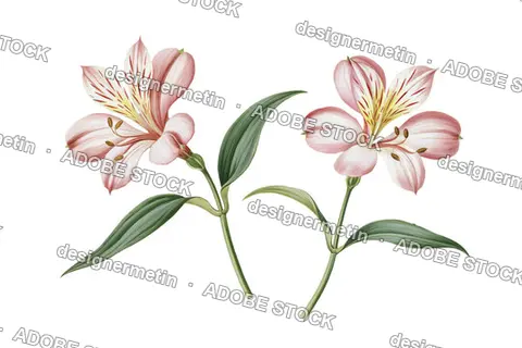 Pink Alstroemeria Lily Flowers Vintage Botanical Drawing, Isolated On Transparent Background, Png
