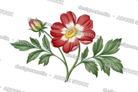 Vintage Red Flower Illustration With Green Leaves And Bud, Isolated On Transparent Background, Png