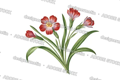 Vintage Red Botanical Flowers With Green Stems And Leaves, Isolated On Transparent Background, Png
