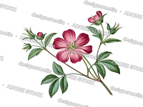 Vintage Botanical Pink Wild Rose Flower Branch With Buds, Isolated On Transparent Background, Png