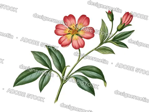 Antique Pink Botanical Flower Branch With Green Leaves, Isolated On Transparent Background, Png