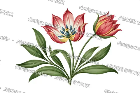 Red Striped Tulip Flowers With Green Leaves Vintage Illustration, Isolated On Transparent Background, Png