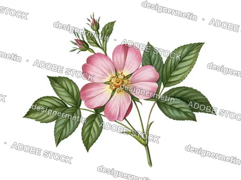 Pink Wild Rose Flower Blooming With Green Leaves, Isolated On Transparent Background, Png