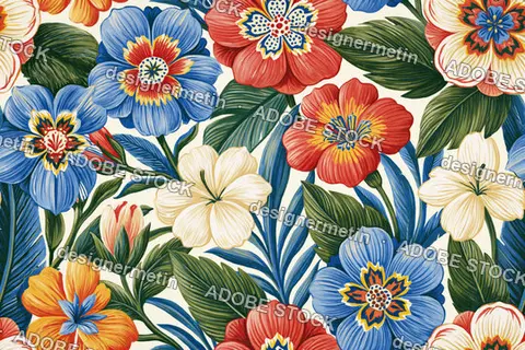 Vintage Botanical Seamless Pattern With Colorful Flowers And Green Leaves On Cream Background