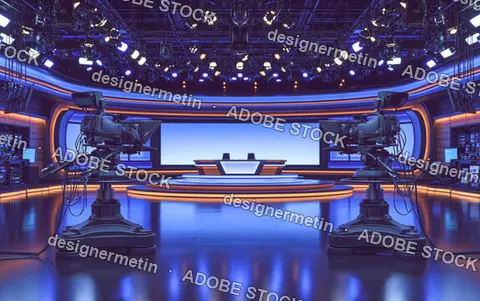 Modern Television News Studio With Professional Cameras And Blue Lighting Setup