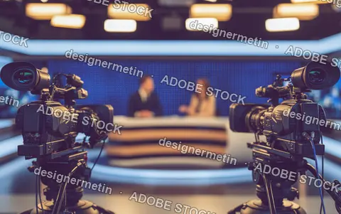 Professional Broadcast Cameras Filming Anchors At A Desk In A Blue News Studio