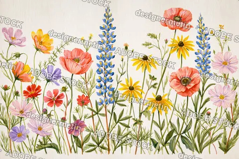 Vibrant Watercolor Wildflowers Blooming Together In A Meadow On A Textured Background