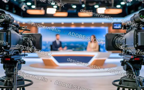 Professional Video Cameras Filming News Anchors In A Modern Television Broadcast Studio