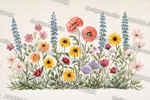 Watercolor Wildflower Meadow Blooming On A Vintage Cream Paper Background