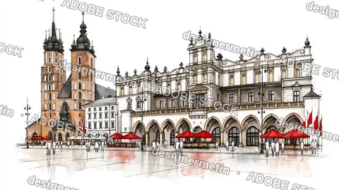Watercolor Illustration Of Krakow Main Market Square With Cloth Hall And Church